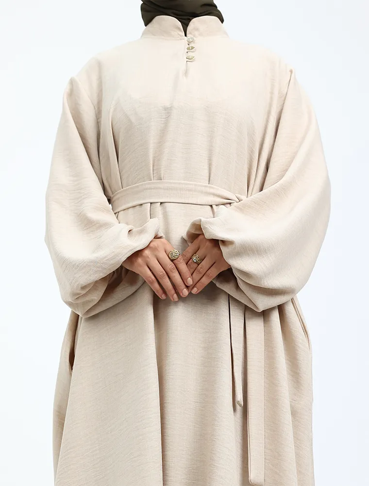 Beige Linen Feel Nehru Collar Maxi